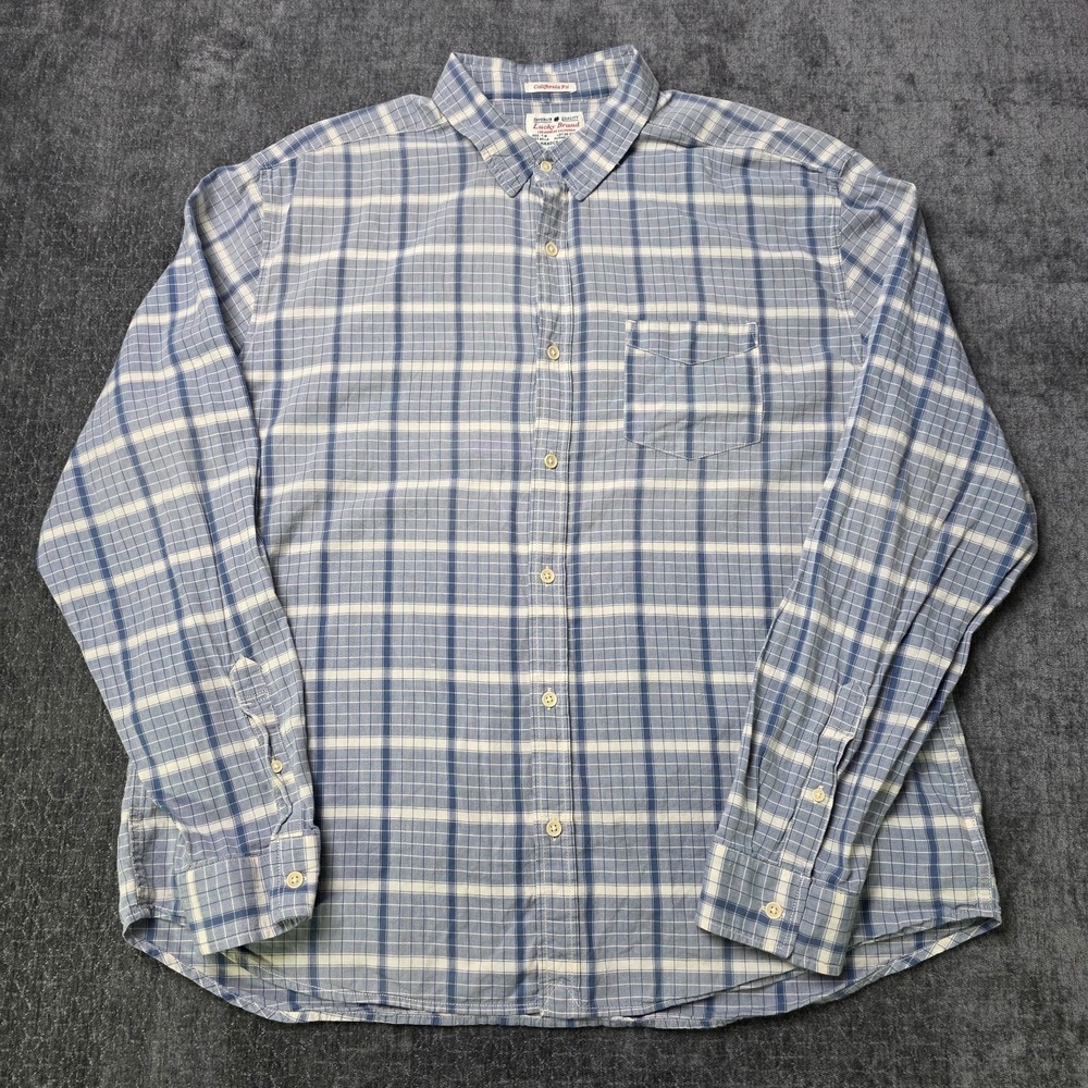 Lucky Brand Button Down Shirt Mens 2XL XXL California Fit Blue White Plaid